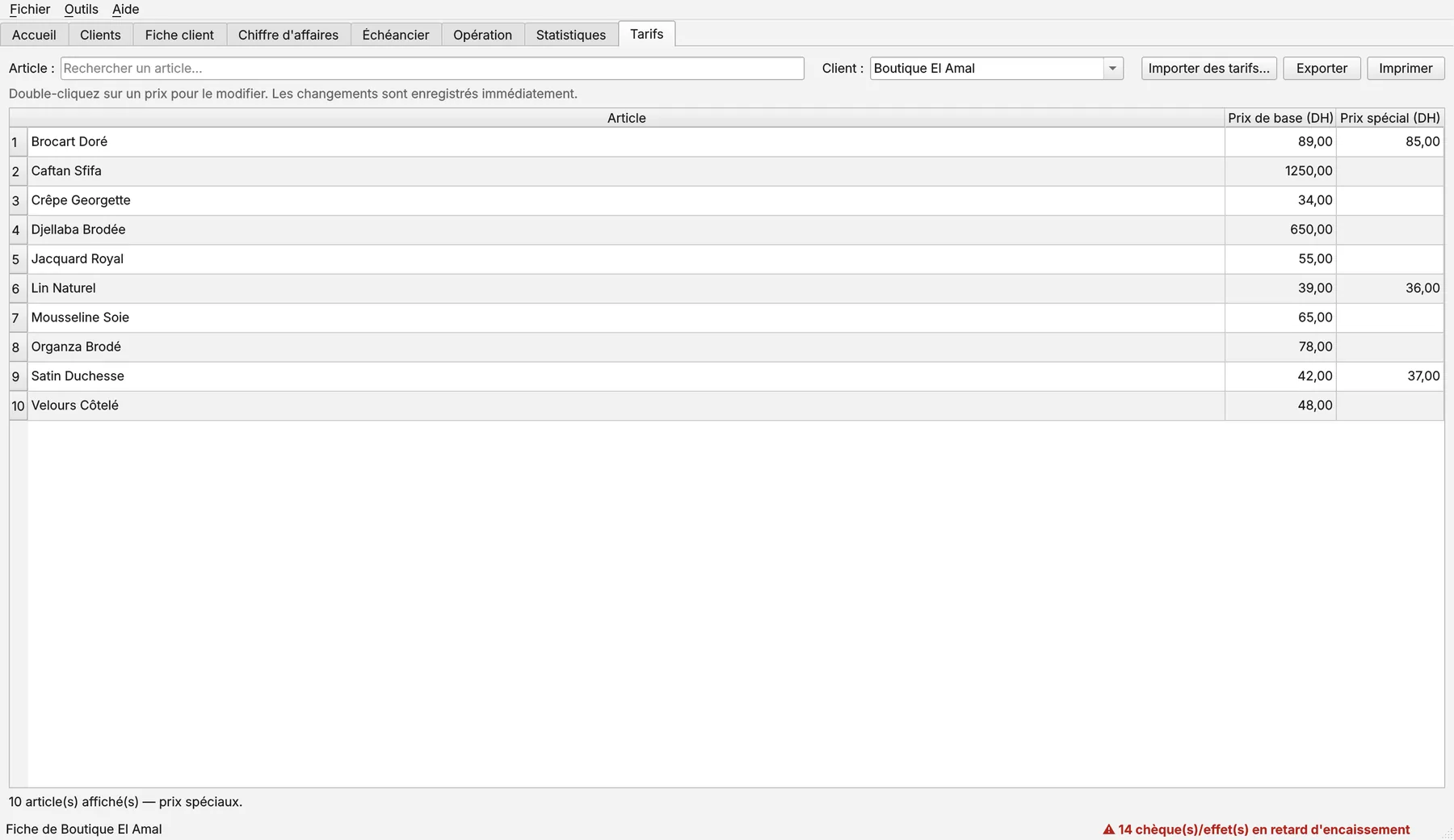 Grille de tarifs par client