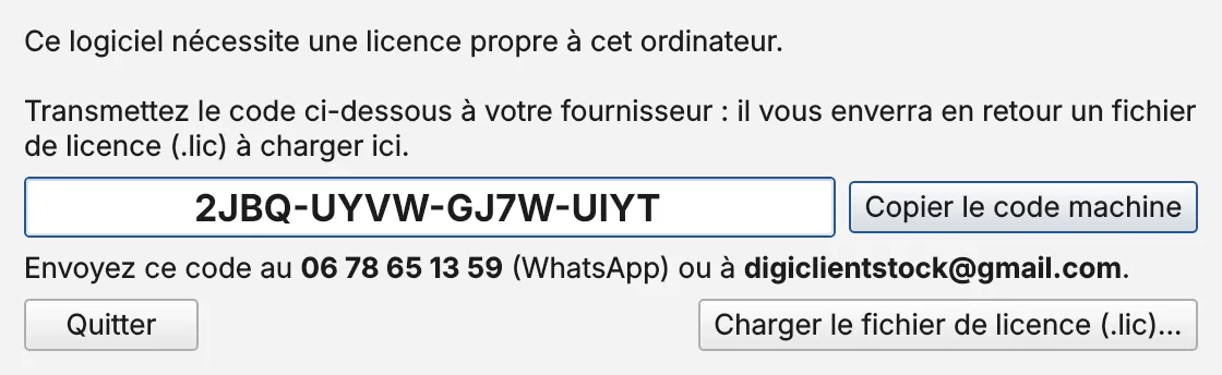 Fenêtre de licence avec le code machine et le contact