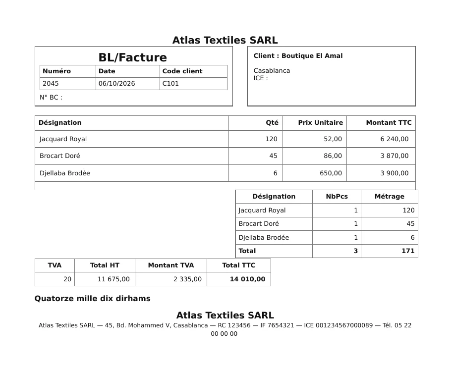 Facture imprimée avec TVA et montant en lettres